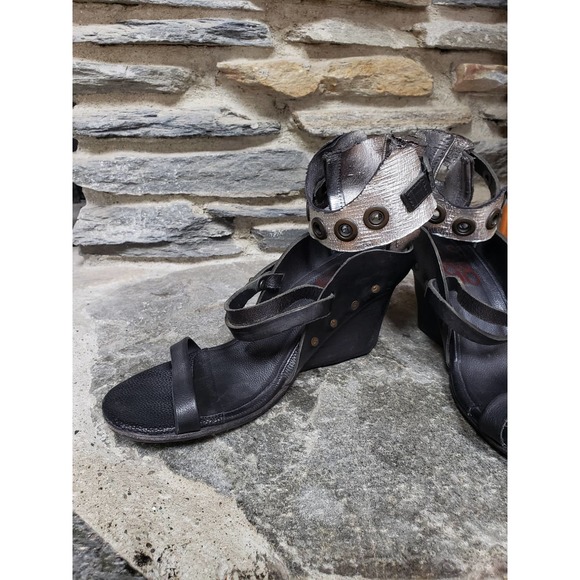 A.S.98 Ankle Strap Snap Button Wedges 41=9.5 Black Silver - Picture 9 of 14